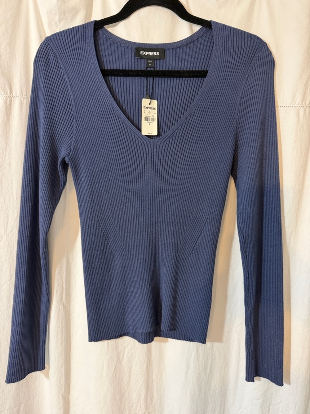 Express Ribbed V-Neck Long Sleeve Top - Steel Blue